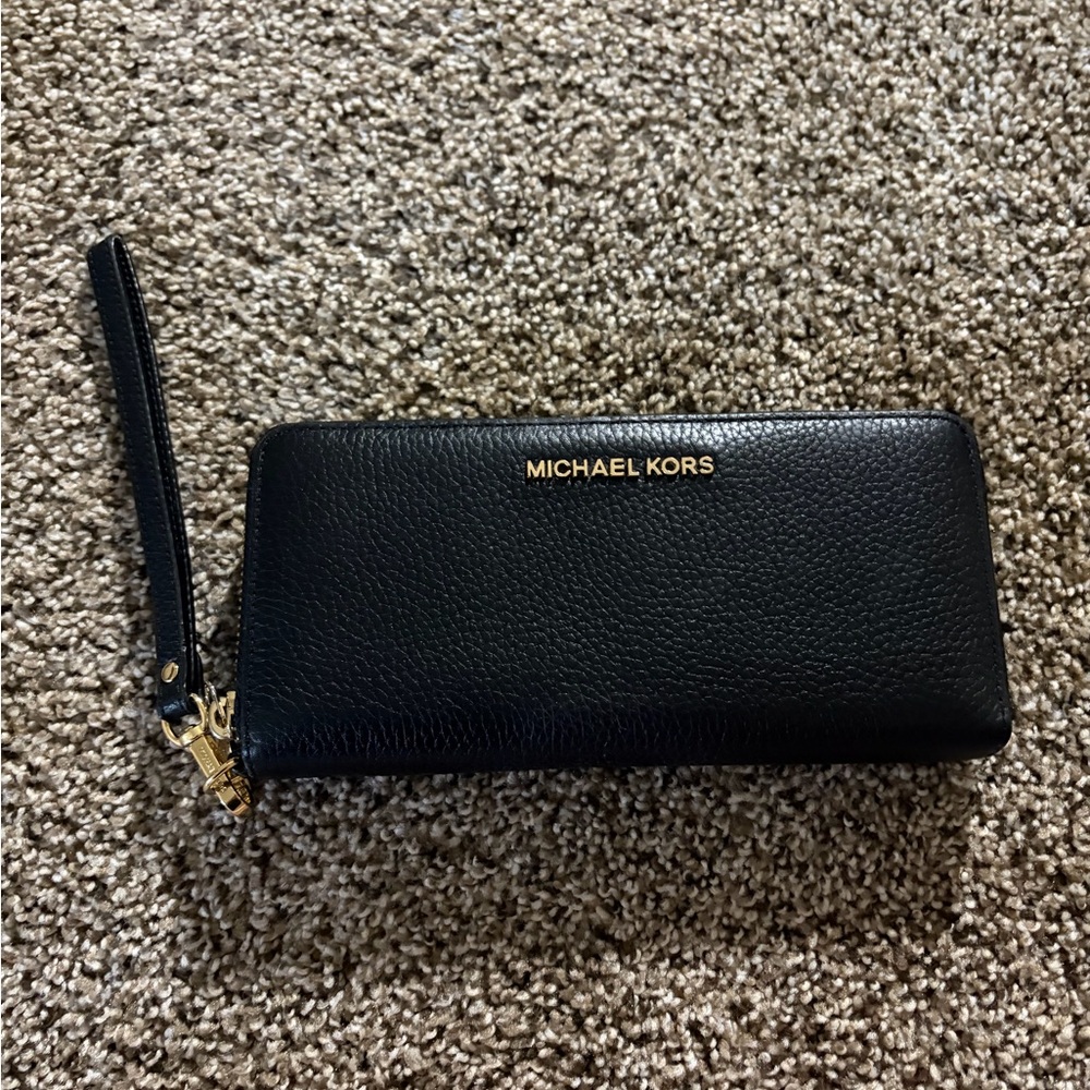 Michael Kors Black Leather Zip-Around Wristlet with Gold Hardware